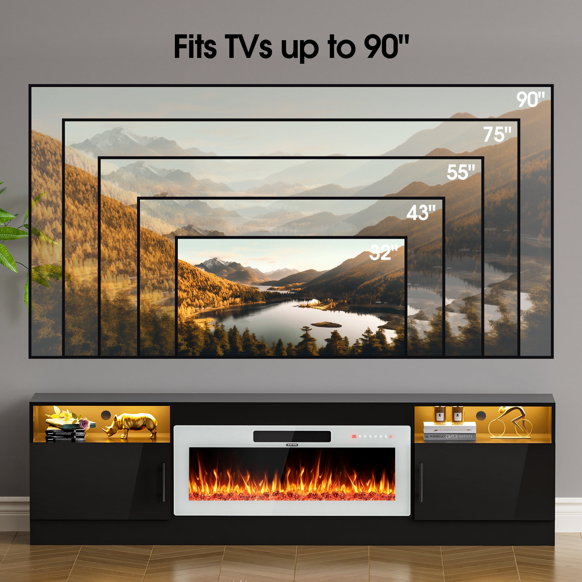 HARIPUL 80” TV Stand with 36" Electric Fireplace for TVs Up to 90 inch, LED Light Entertainment Center with High Gloss Door, Modern Media Console Cabinet for Living Room