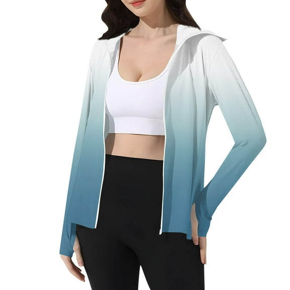 WTOBBY Women's Color Gradient Ice Silk Hooded Sun Jacket Top, Lightweight Long Sleeve UV Protection Shirt, Sun Hoodie with UPF 50 for Beach or Hiking, Stylish Cover-Up,Blue L