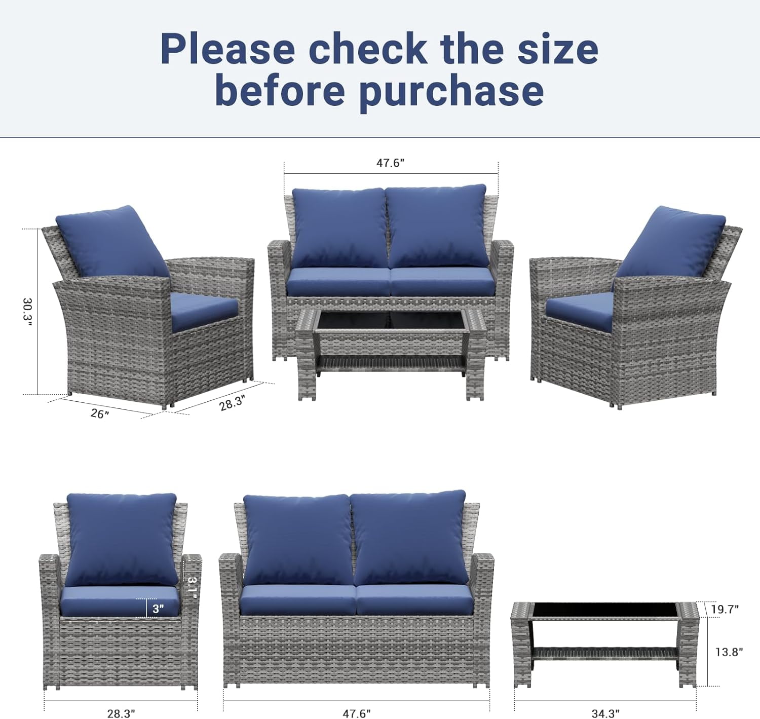 ELPOSUN Wicker Patio Furniture Set Outdoor Sectional Sofa 4-Piece with Gray PE Rattan, Navy Blue