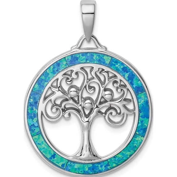 Sterling Silver Rhodium-Plated Created Opal Circle With Tree Pendant Made In China qp5130