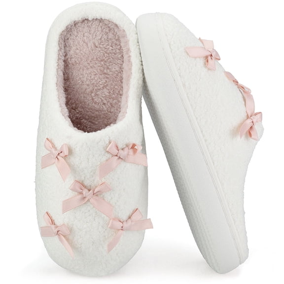 BERANMEY Bow Slippers for Women with Memory Foam Cute Plush House Slippers Non-Slip Indoor Outdoor Cozy Warm Fuzzy Slippers with Adorable Bows for Women & Girls