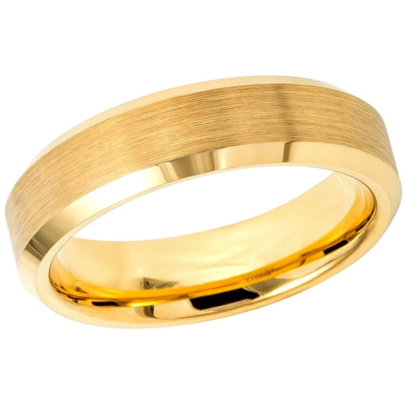 Men's Women's Tungsten Wedding Band Engagement Ring 6mm Brush Polished Yellow Gold IP Plated Center & Shiny Beveled Edge