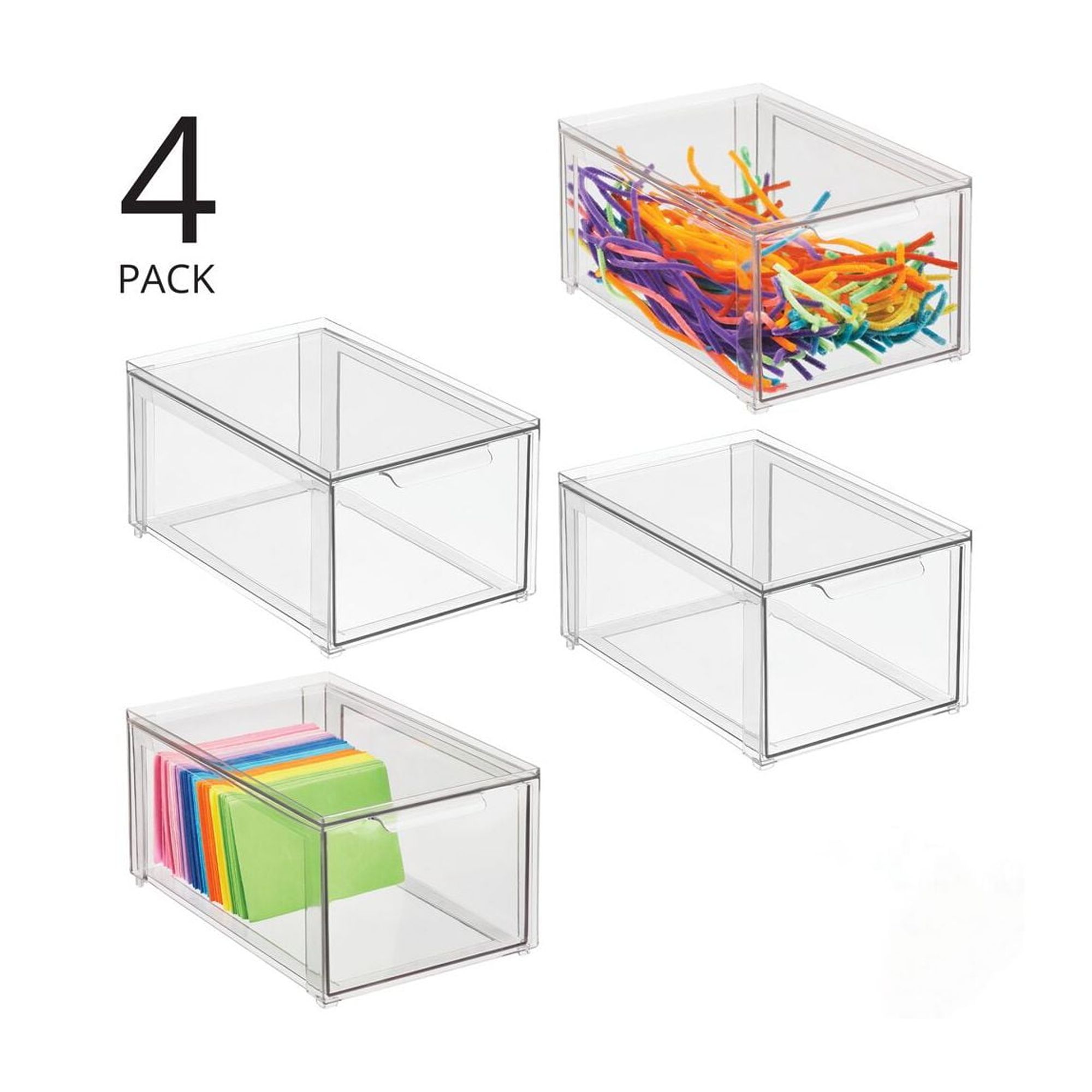 mDesign Plastic Stackable Crafting Drawer Organizer Bins, Handle, 4 Pack - Clear