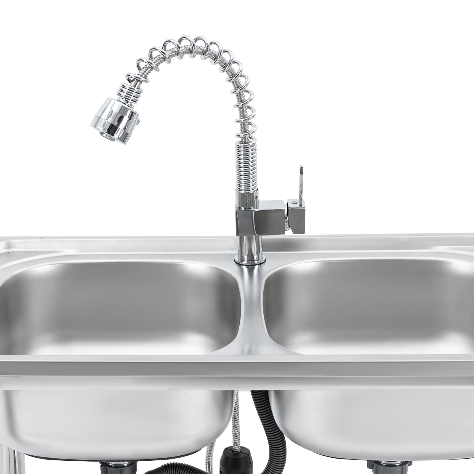 TFCFL Double Bowls Utility Sink Commercial Stainless Steel Kitchen Sink Prep Table with Pull-out Faucet & Bottom Shelf