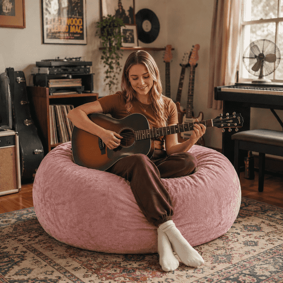 Kerahd 4FT Round Teddy Velvet Bean Bag Chair, High Density Shredded Memory Foam Filled, Removable Washable Slipcover for Bedroom Reading Gaming, Pink