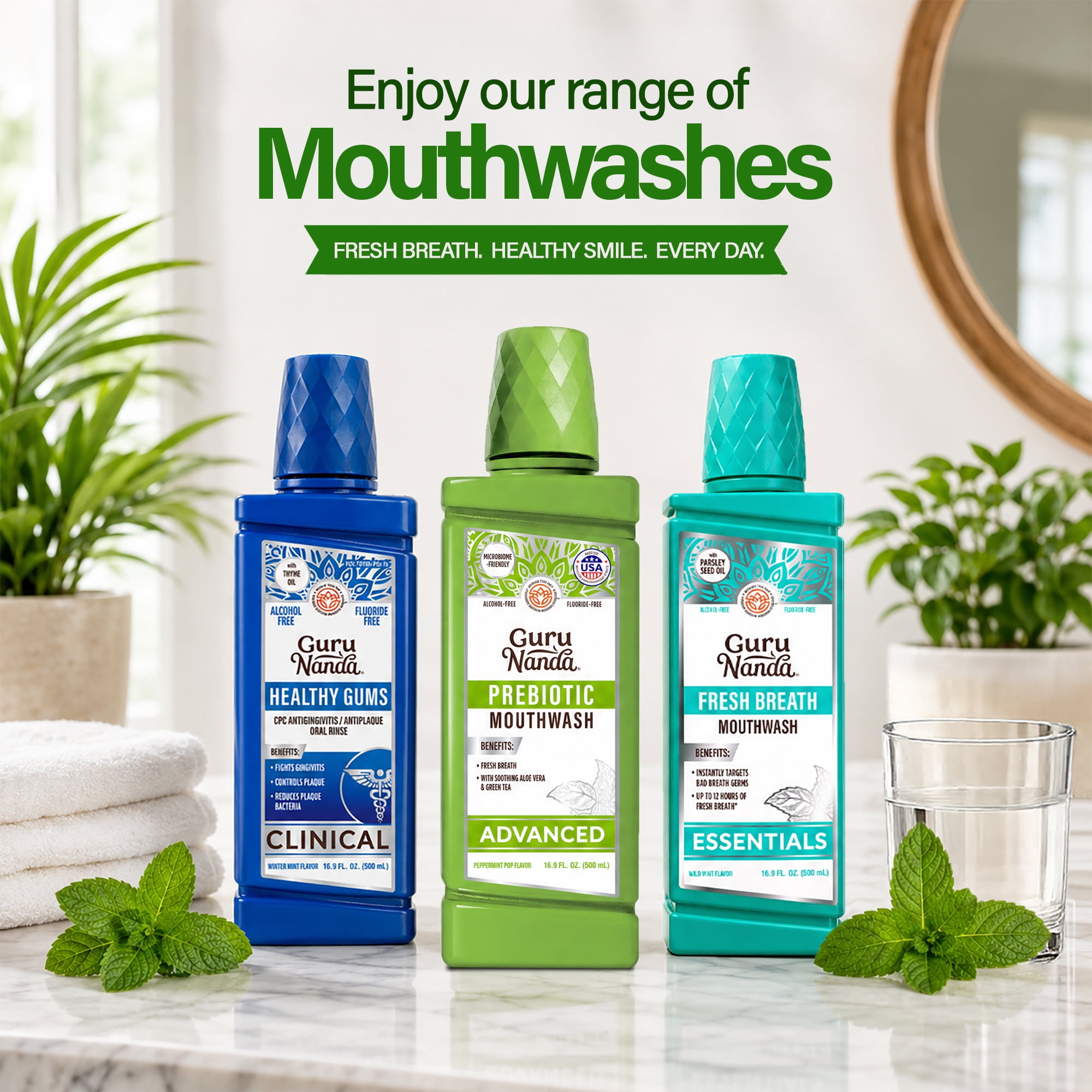 GuruNanda Advanced Prebiotic Mouthwash, Alcohol-Free & Fluoride-Free, Peppermint Pop, 16.9 fl oz