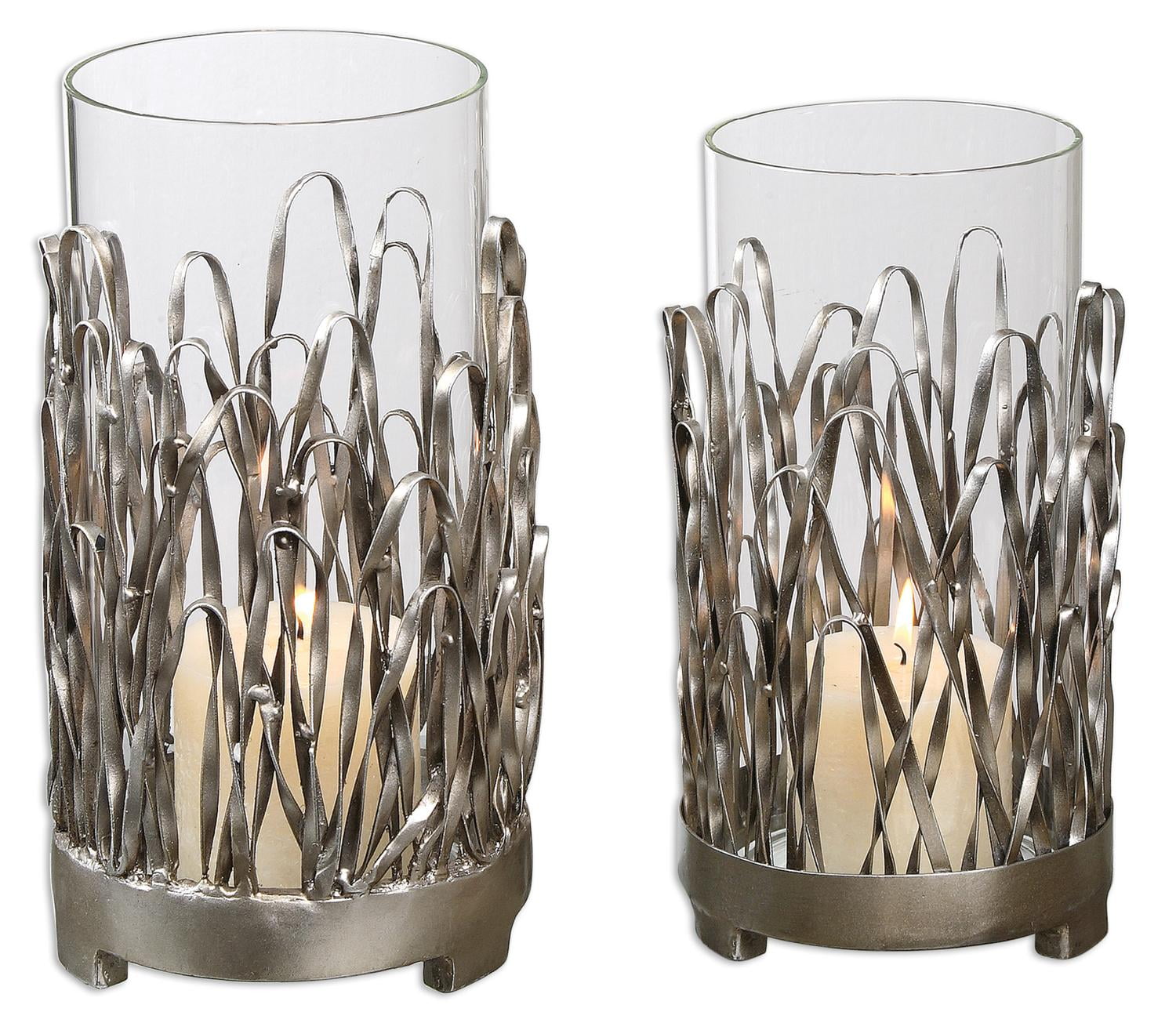 Set Of 2 Silver Metal Clear Glass Hurricane Pillar Candle Holders 10 Walmart Com Walmart Com