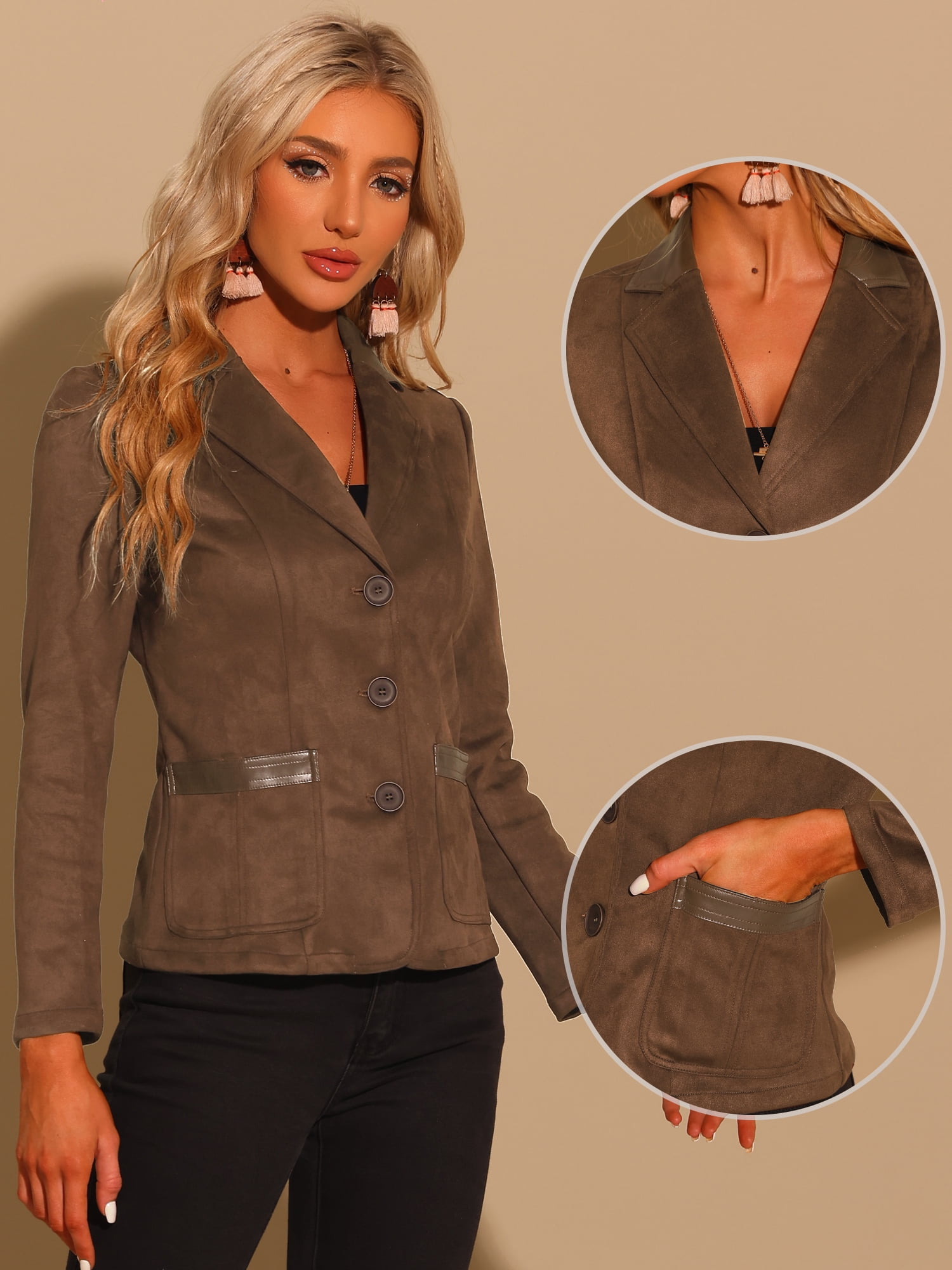DARING DIVA Women's Faux Suede Lapel Collar Button Down Blazer M Brown