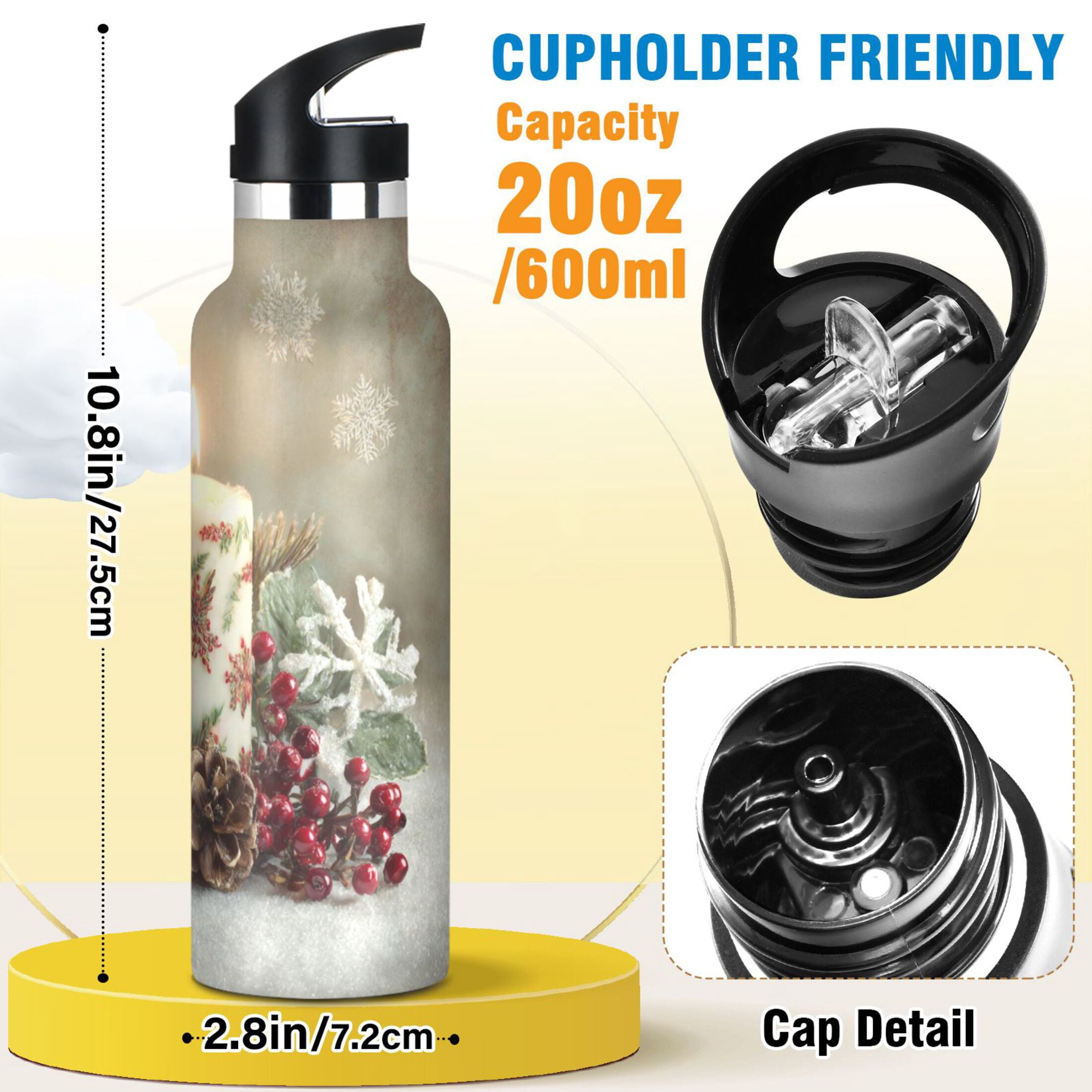 600ML Stainless Steel Insulated Cup Sports Water Bottle Portable Thermos Cup Water Glasses Insulated Tumblers Convenient and Durable Christmas Candle Pattern