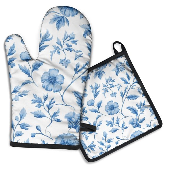 Blue Pioneer Flower Kitchen Oven Mitt and Pot Holder Sets 2 Pcs for Baking, Cooking and Grilling, Heat Resistant Up To 392 °F