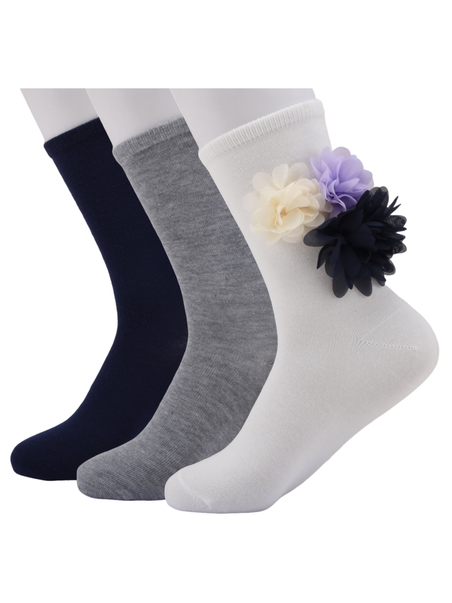 Weekend Academy Girls’ 3-Pack Floral Appliqué Crew Socks Sizes S-L