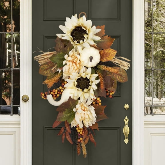Fall Wreath Artificial White Pumpkin Wreath, White Sunflower Autumn Harvest Wreath with Leaves Flower Fall Door Garland Thanksgiving Theme Swag Teardrop Swag Halloween Wreath for Front Door