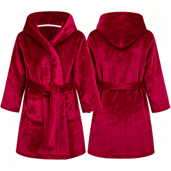 LYMAYTER Unisex Toddler Bathrobe for 2-12Y Boys Girls Warm Hooded Bathrobe Soft Solid Colo Home Fleece Robe