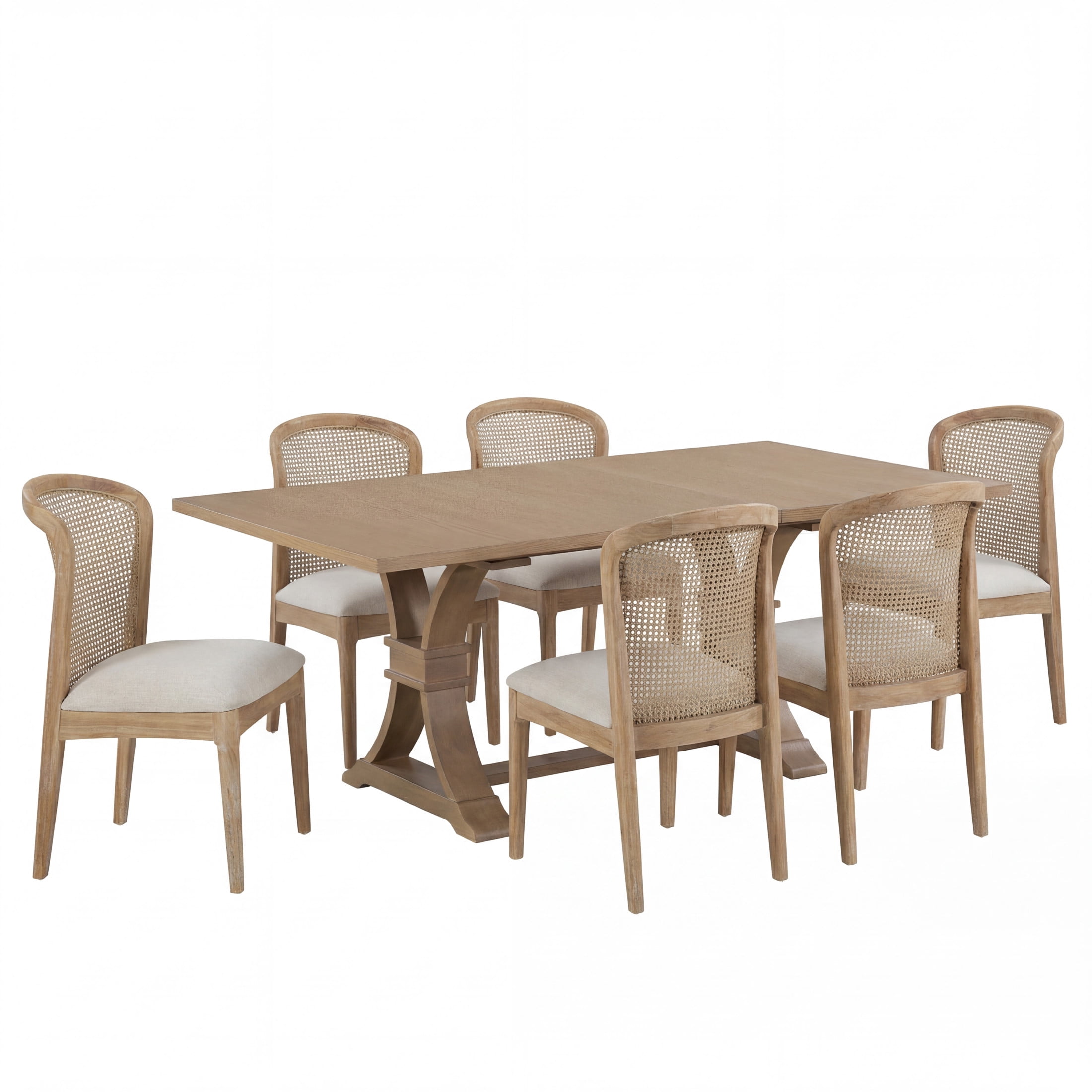Christopher Knight Home 7-Piece Extendable Dining Set with Rattan Back Upholstered Chairs, Light Natural
