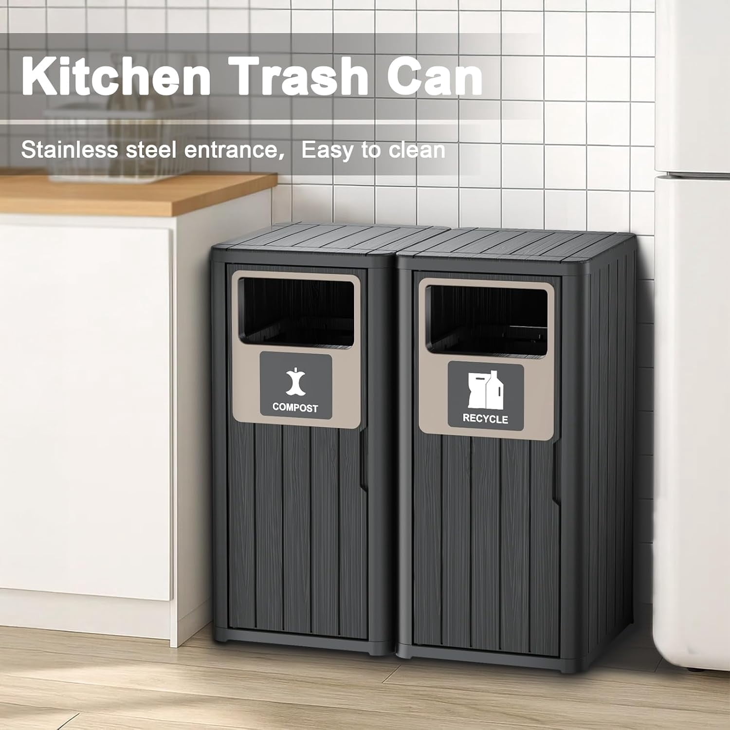 Outdoor Two Barrel Trash Can – Waterproof Resin Garbage Bin with Recycling Labels – Fits 30-39 Gallon Trash Bags, Durable Waste Bin for Porch, Backyard & Kitchen(33.07 * 16.54 * 35.43)