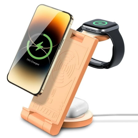 Wireless Charger Station 3-in-1 Wireless Charger Stand for Apple Charging Station for iphone 16/15/14/13/12/11/Pro/Pro Max/XS Max/XR/X/Galaxy Fast Charger for AirPods 4/3/2/Pro iWatch Orange
