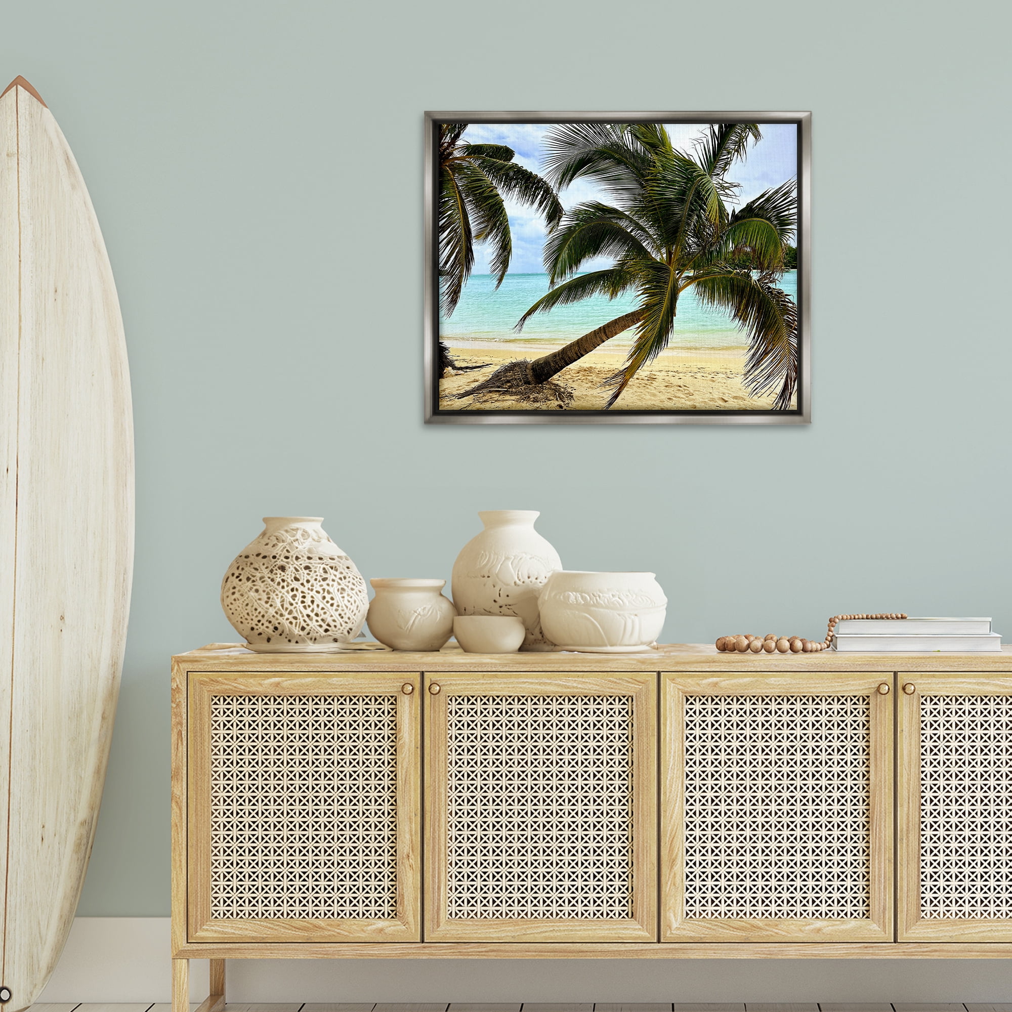 Stupell Industries Leaning Palms on Beach Landscape Photography Gray Floater Framed Canvas Art Print Wall Art, 31 x 25