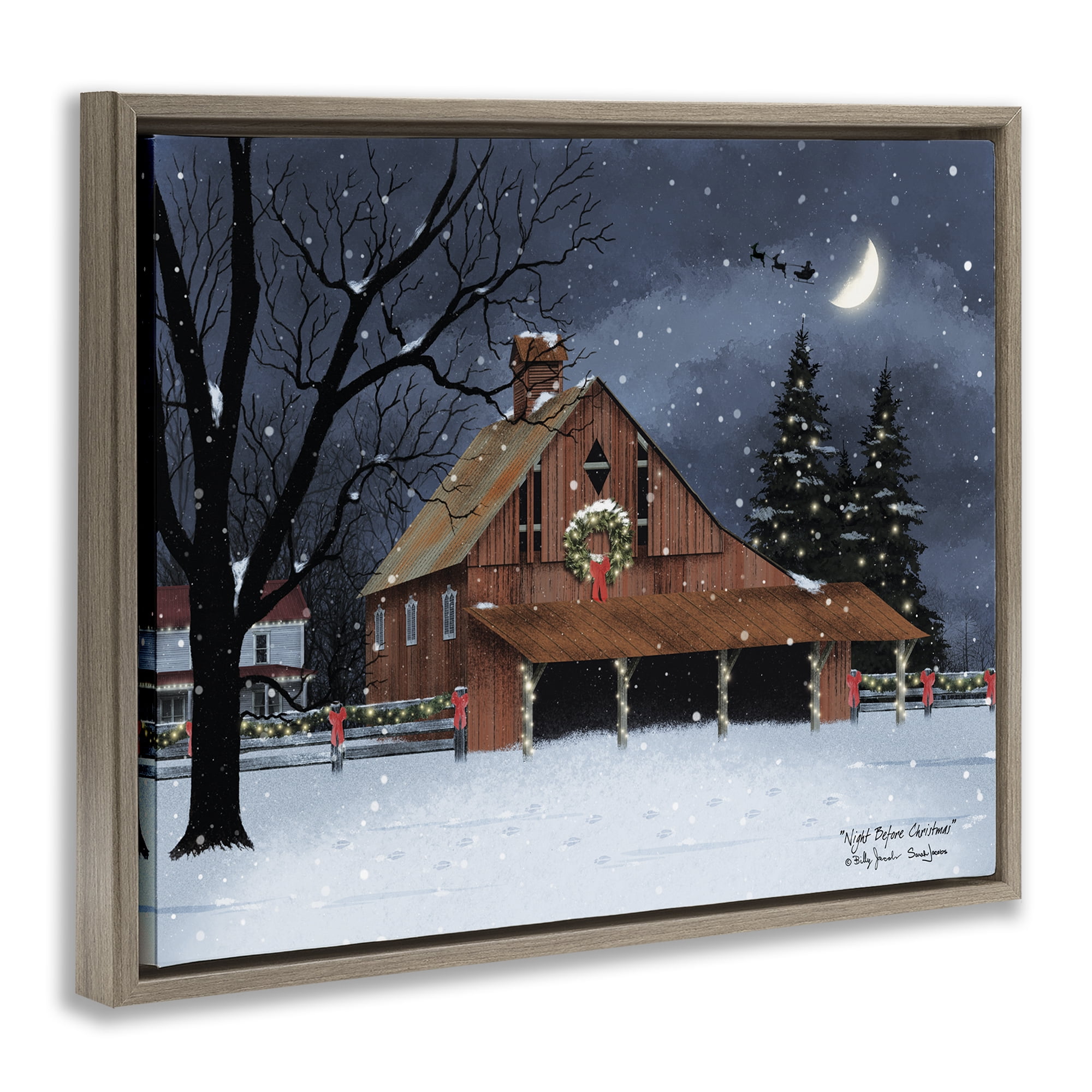 Stupell Industries Night Before Christmas Barn Landscape & Nature Painting Brown Floater Framed Canvas Art Print Wall Art, 21 x 17