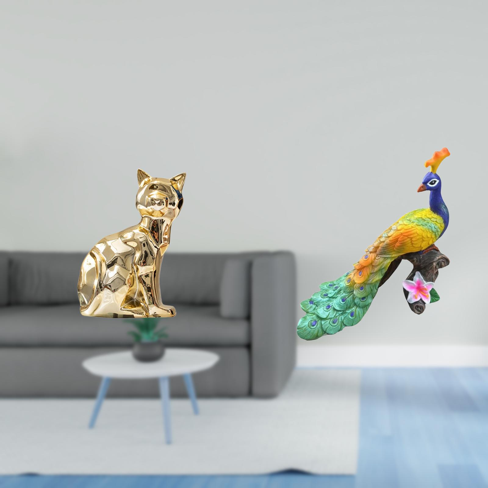 Dualoai Cat Peacock Statue Decorative Figurine Animal Sculpture Art Craft Ornament for Fireplace Garden Home Decoration Yard