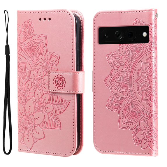 SaniMore for Google Pixel 7 Pro Case with Wrist Strap, Fashion Flower Embossing Design for Girls/Women, Dual Magnet Card Holder Wallet Cover Kickstand Shockproof for Google Pixel 7 Pro, Rosegold