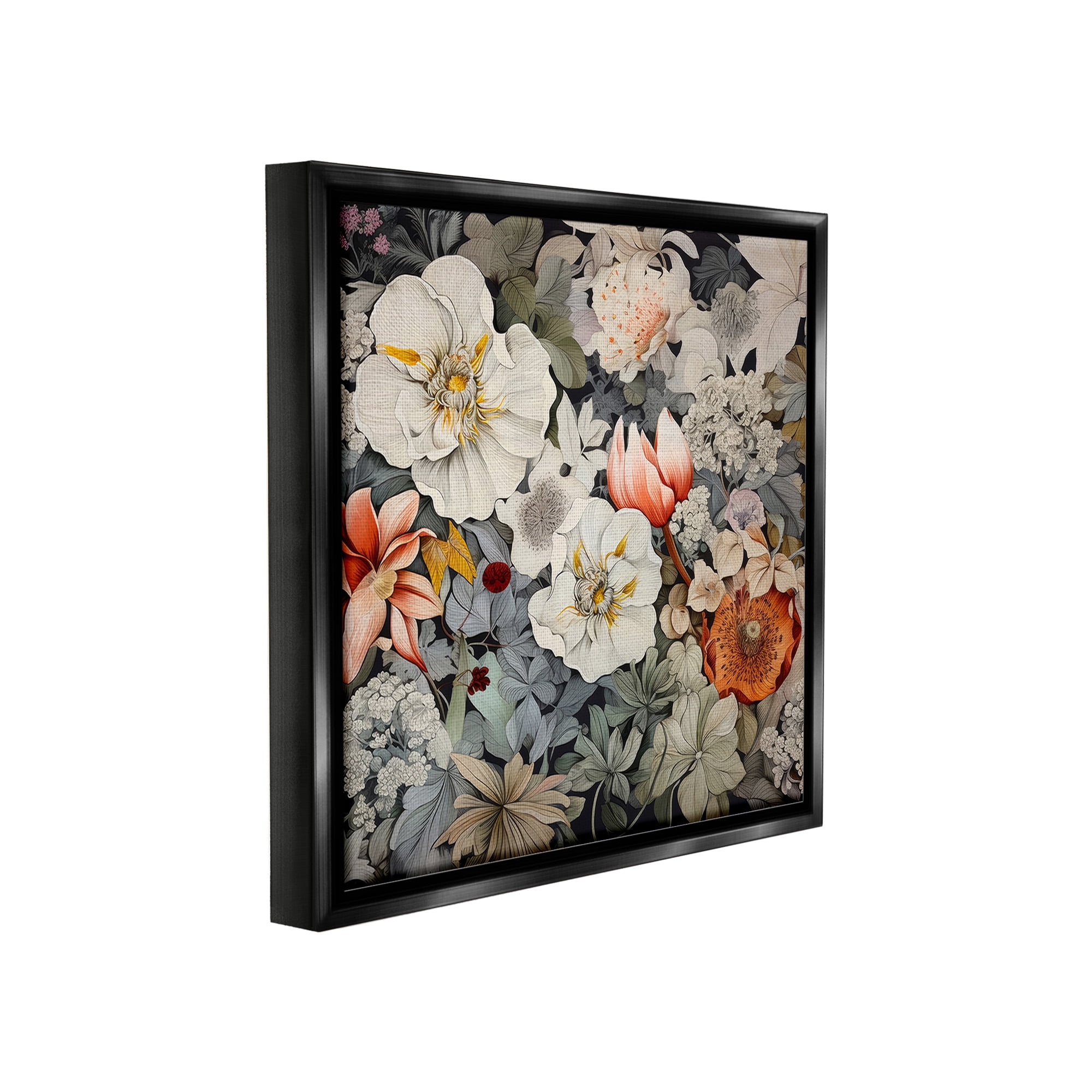 Stupell Industries Vintage Blossom Pattern Botanical & Floral Painting Black Floater Framed Canvas Art Print Wall Art, 18 x 18