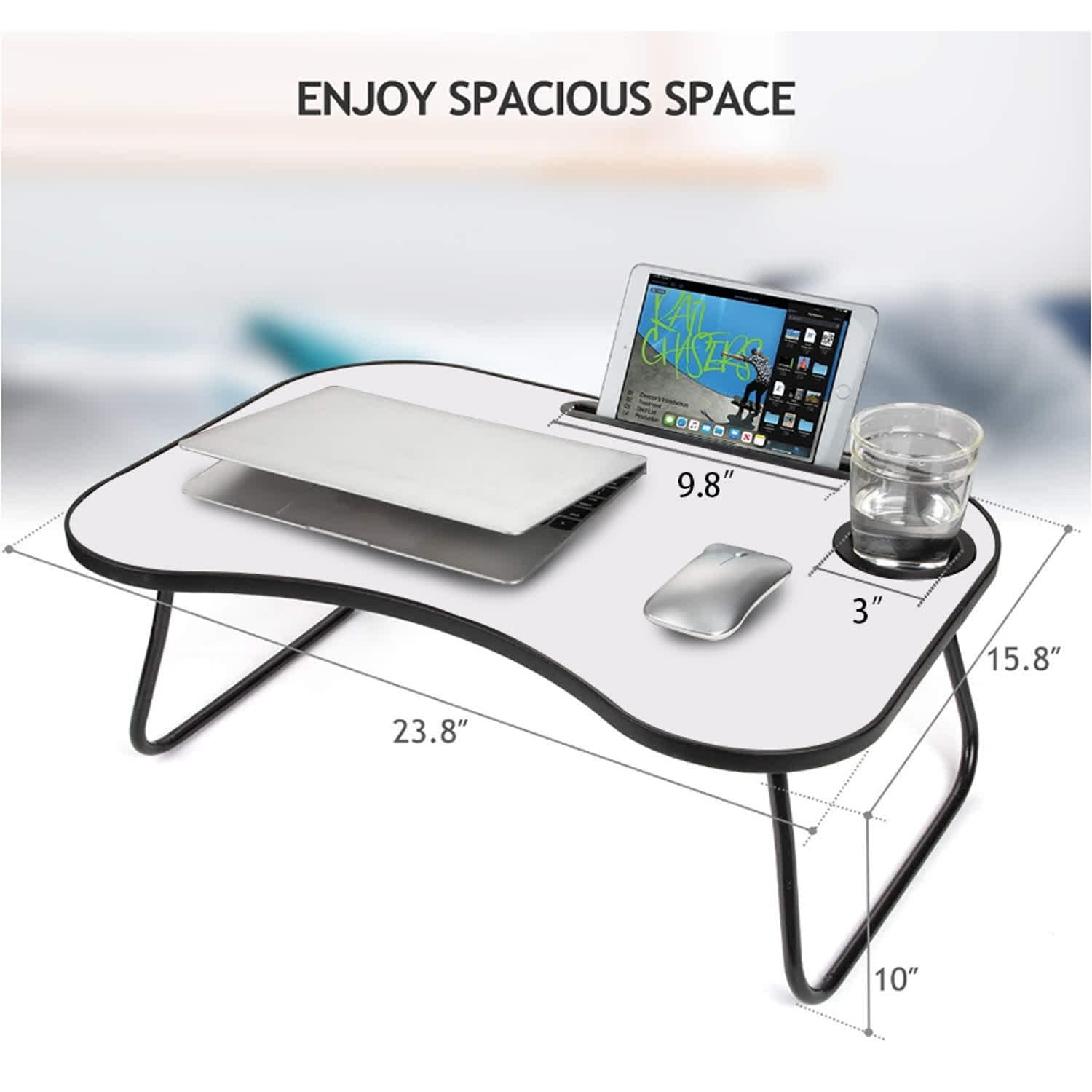 Xilee Foldable Laptop Table, Portable Lap Desk Bed Table Tray Gray and White Matte Metal and Wood Construction, Foldable Design with Cup Holder,for Working Writing Reading & Eating