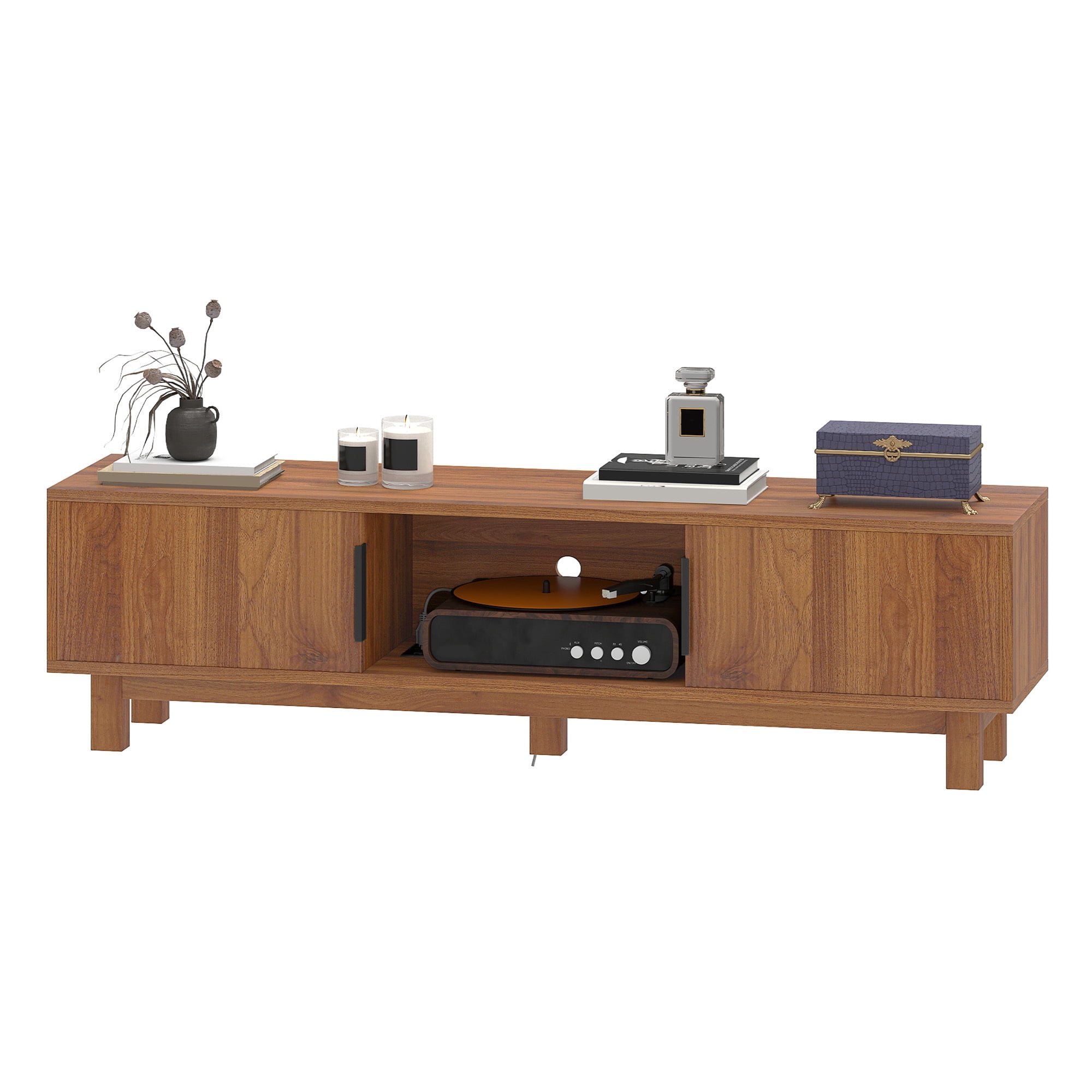 Uforic Fluted TV Stand for Living Room, 59" Mid Century Modern Entertainment Center with Power Outlets & Storage Compartments, Media Console for TVs up to 65 Inch, Brown