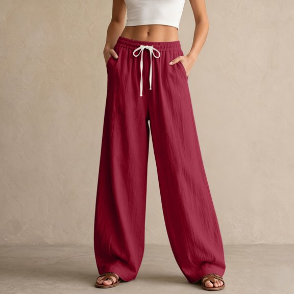Women's Pants Plus Size Petite Summer Loose Casual High Waisted Elastic Waistband Pocket Straight Leg Cropped Pants