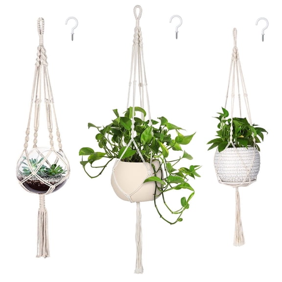 3 Pack Macrame Plant Hanger Indoor Hanging Planter for Plants Holder with 3 Hooks, Different Size for Boho Home Decor,Ivory(POTS NOT Included)