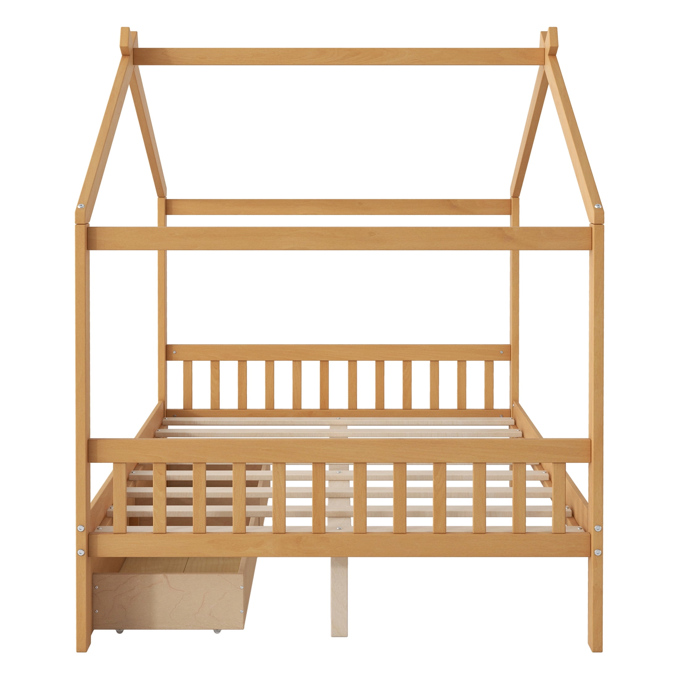 Noble House Clavell Full Size House Bed with 2 Storage Drawers, Headboard and Footboard, Playful Roof Design, Natural