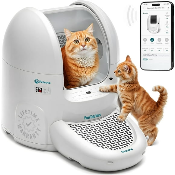 Petcove PurrTek Max Self Cleaning Cat Litter Box – XL 65L Automatic Litter Box for Multiple Cats | Ultra Quiet 30–35dB, Smart App Control, 5 Safety Sensors, Odor-Lock Bin, Ramp & 15 Bags Included