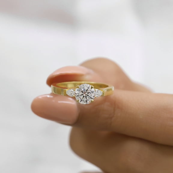 VINSON 1.50 Cttw Moissanite 3 Stone Engagement Ring - Round and Pear Moissanite Ring - Wedding Gift Ring