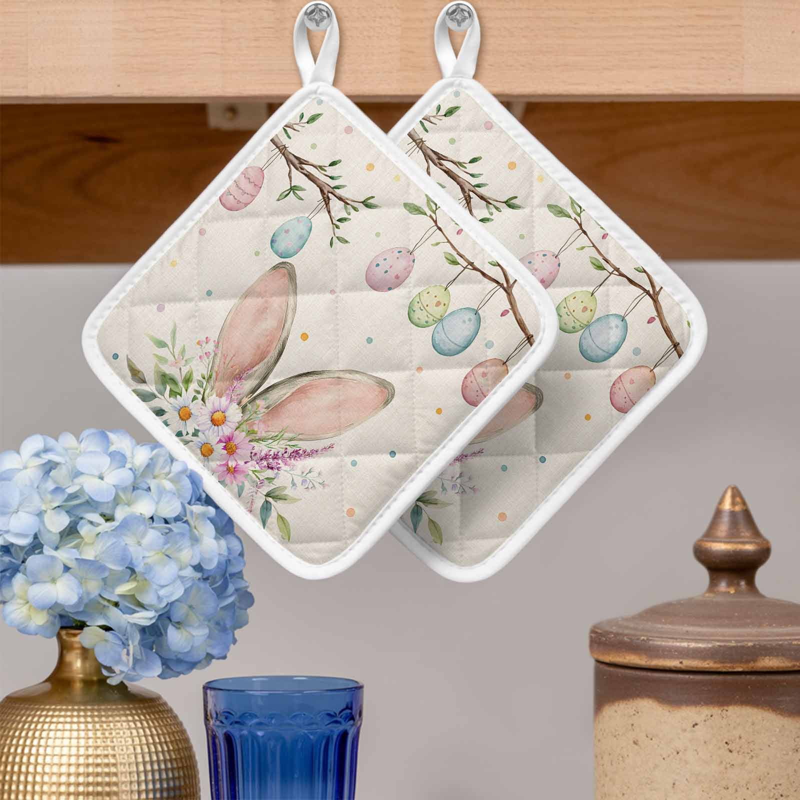 Spring Easter Pot Holders for Kitchen Heatproof Potholder, 3 Pack Bunny Ears Colorful Eggs Botanical Rustic Hot Pads Multipurpose Oven Pads Cloth Potholders Trivet for Cooking Baking