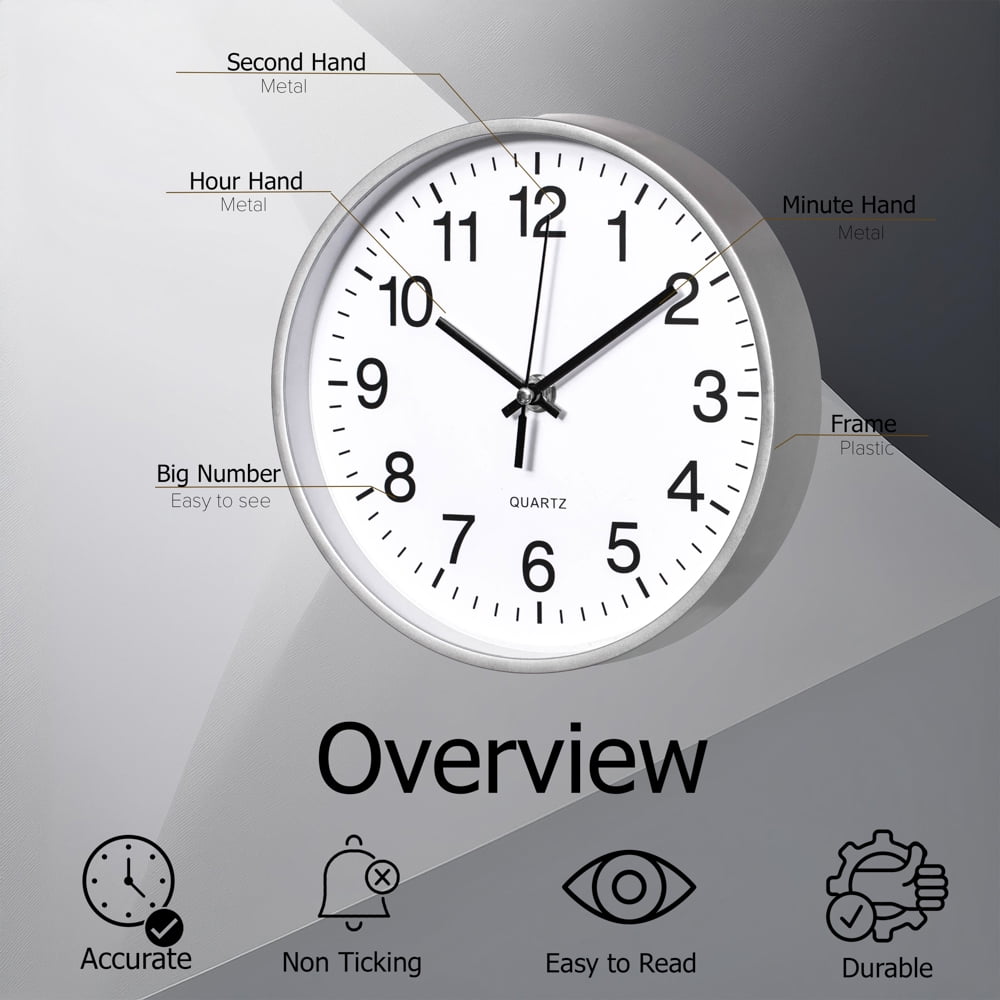 Clockswise Silver 12-In Analog Clock – Silent, Non-Ticking for Wall Battery-Operated Perfect for Home Office, Farmhouse Kitchen, Entryways, Dining Rooms and Bedroom Decor, School and Bathroom Clock