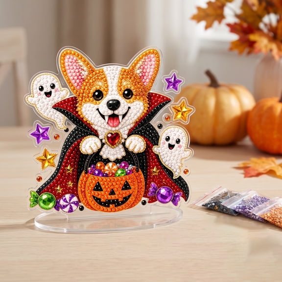 DIY Pearl Diamond Art Tabletop Ornament Kit Halloween Corgi Pumpkin | Acrylic Gem Art Painting Desktop Crafts for Adults, Special Shaped Crystal Stand Up Desk Placement Home Decor, Holiday Gifts