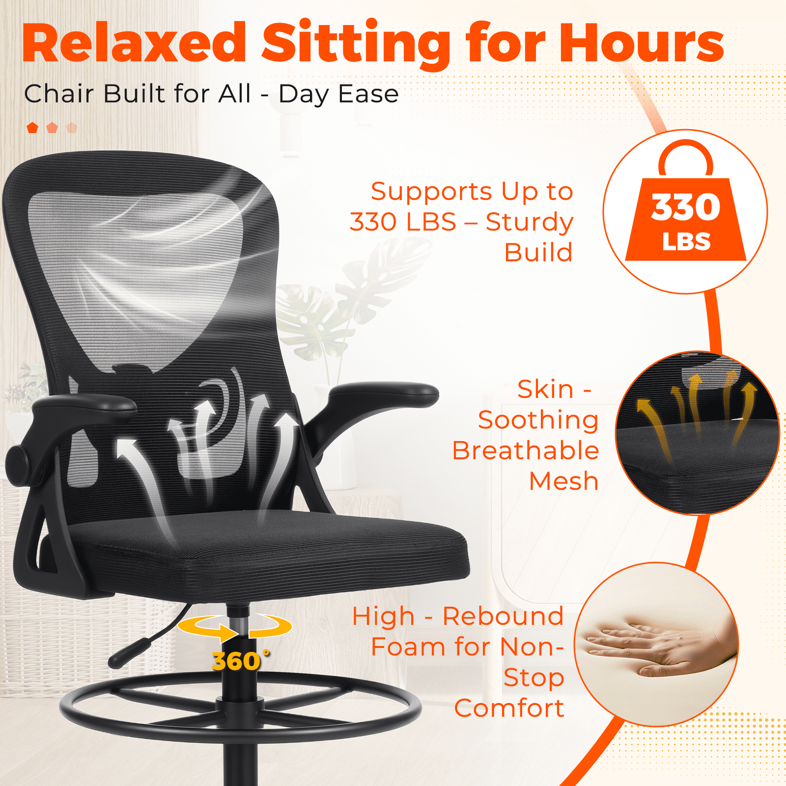 AVAWING Tall Drafting Chair, Breathable Mesh Office Chair, Ergonomic Computer Desk Chair, Black