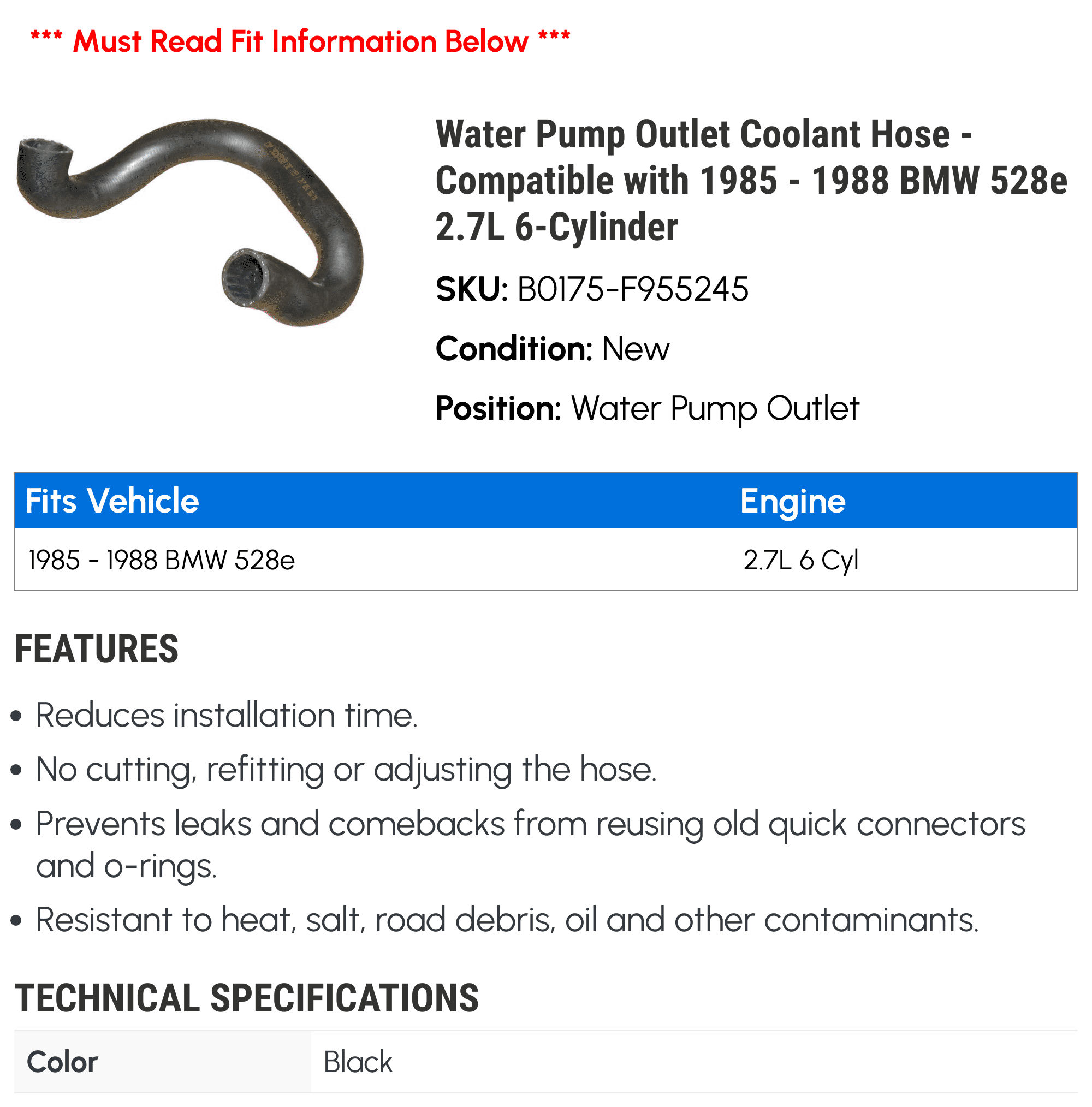 Water Pump Outlet Coolant Hose - Compatible with 1985 - 1988 BMW 528e 2.7L 6-Cylinder 1986 1987