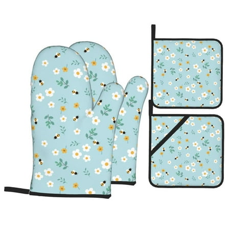 

Oven Mitts and Pot Holders Sets 4 pcs Bee flower Non-Slip Oven Gloves Potholders Soft Quilted Lining Heat Resistant Gloves Hot Pads for Kitchen Cooking Baking