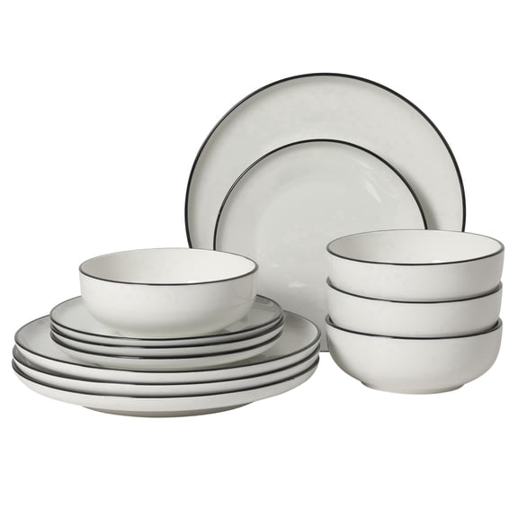 Gibson Home Havenstone 12-Piece Porcelain Dinnerware Set – Dinner Plates, Salad Plates & Bowls, Classic White With Black Rim Everyday Dish Set for Home, Kitchen, Microwave & Dishwasher Safe