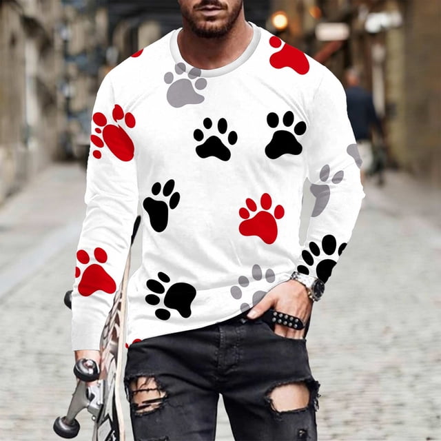 Ceisia Men's Colorful Glitter Paw Print T-Shirt | Slim Long-Sleeve Crewneck Casual Top Gift