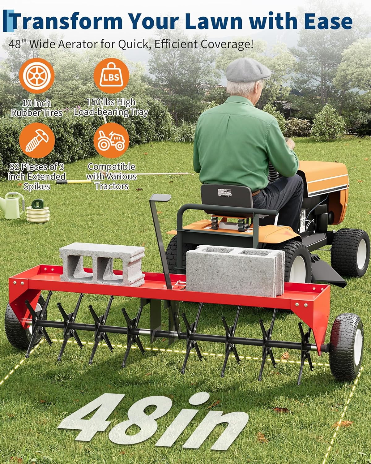 Acekid 48 Inch Tow Behind Lawn Plug Aerator - Galvanized Steel with Universal Hitch & Inflatable Wheels