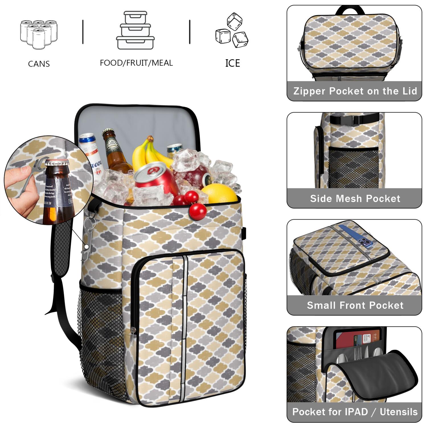 Travel Cooler Bag - Boho Bohemia Pioneer Flower Geometric Line Art Camping Beer Cooler Backpack with Bottle Opener- Waterproof Insulated Picnic Backpacks - Cooler Bag for Beach