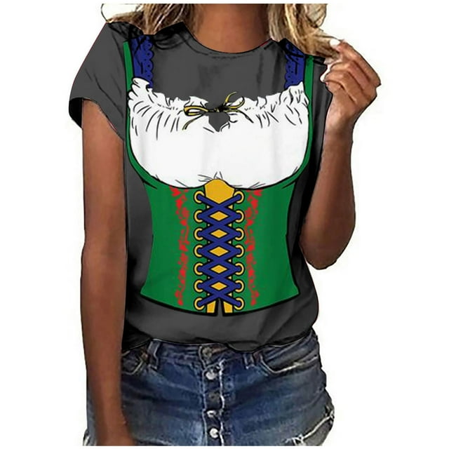 Pompotops Blouse Décontractée Mode Femme Imprimé Oktoberfest Col Rond T-Shirt Blouse Imprimée Tee Liquidation