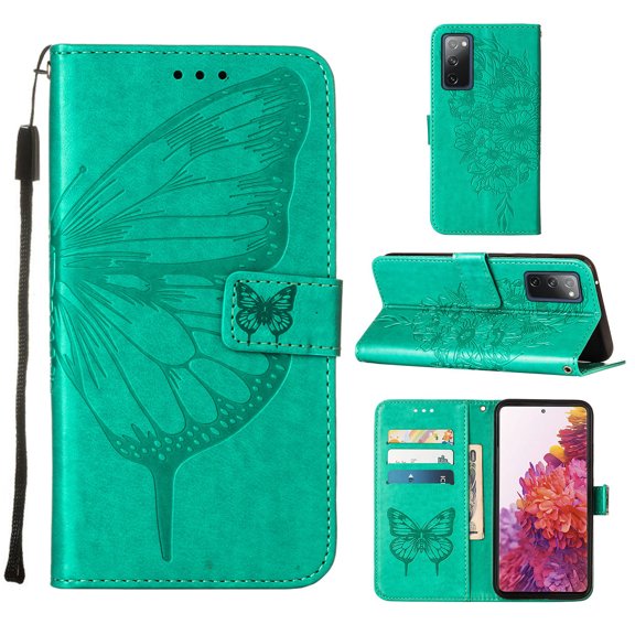 Mantto Samsung S20 FE Case, Magnetic Folio Butterfly Patterned Wallet Case, PU Leather with Wrist Strap Credit Card Holder Slots Kickstand Protective Cover For Samsung Galaxy S20 FE, Green