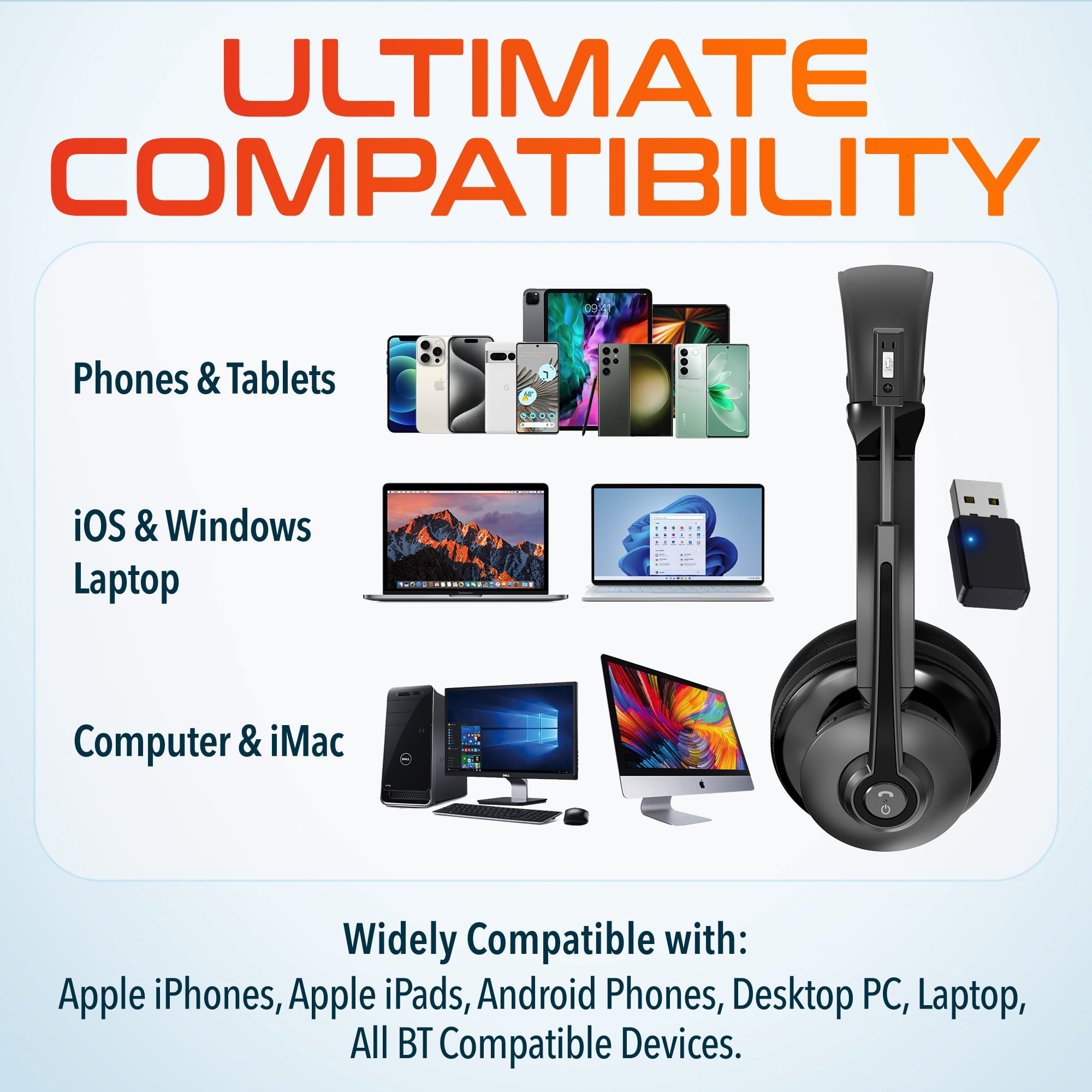 Delton 30X Bluetooth Computer Headset with Noise Canceling Mic, HiFi Stereo Sound, Headset Stand & Auto Pair USB Dongle for PC, Laptop, MacBook & Compatible with MS Team, Google Meet and More - Black