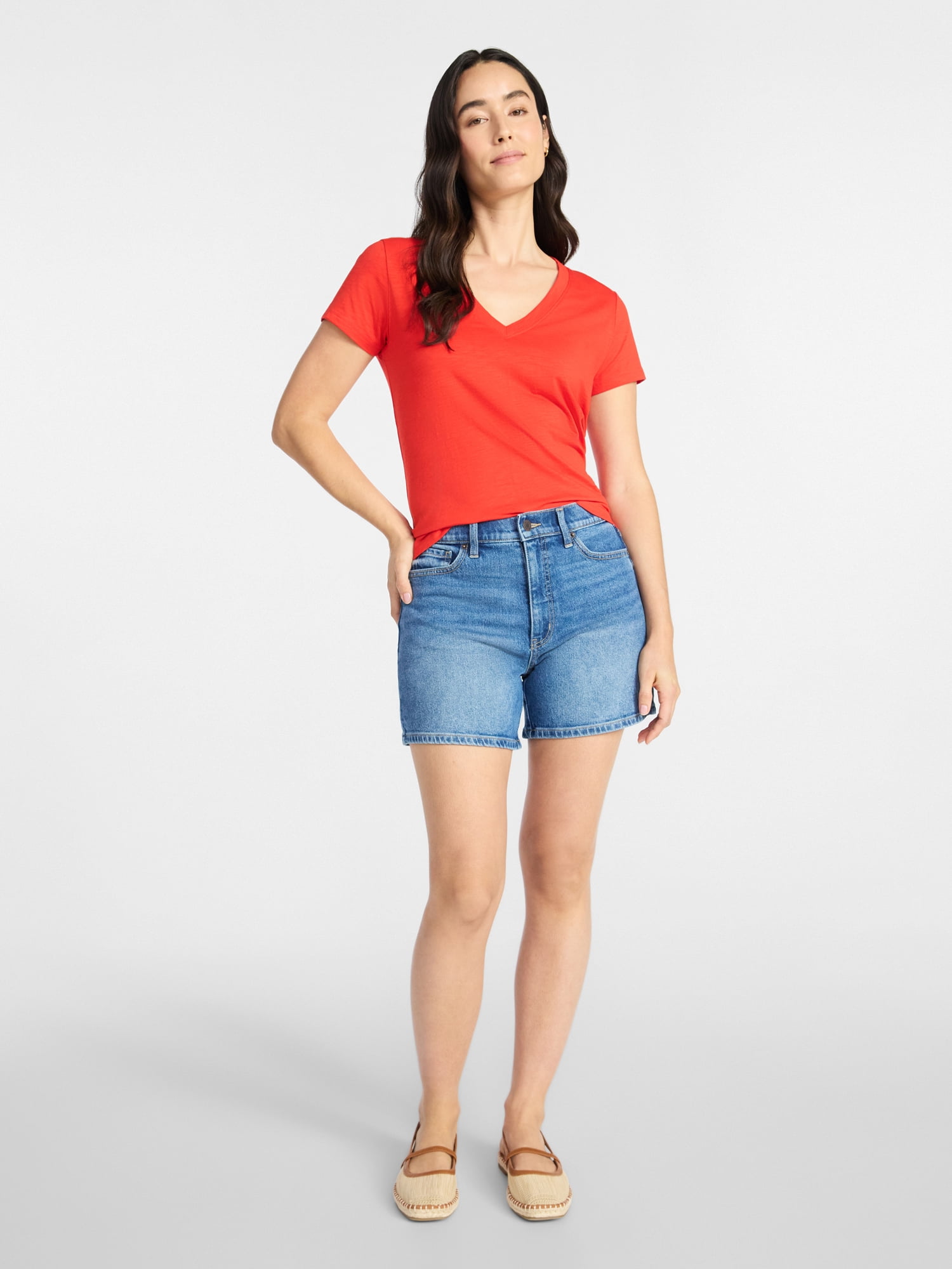 Time and Tru Women’s V-neck Slub Tee with Short Sleeves, Sizes XS-XXXL