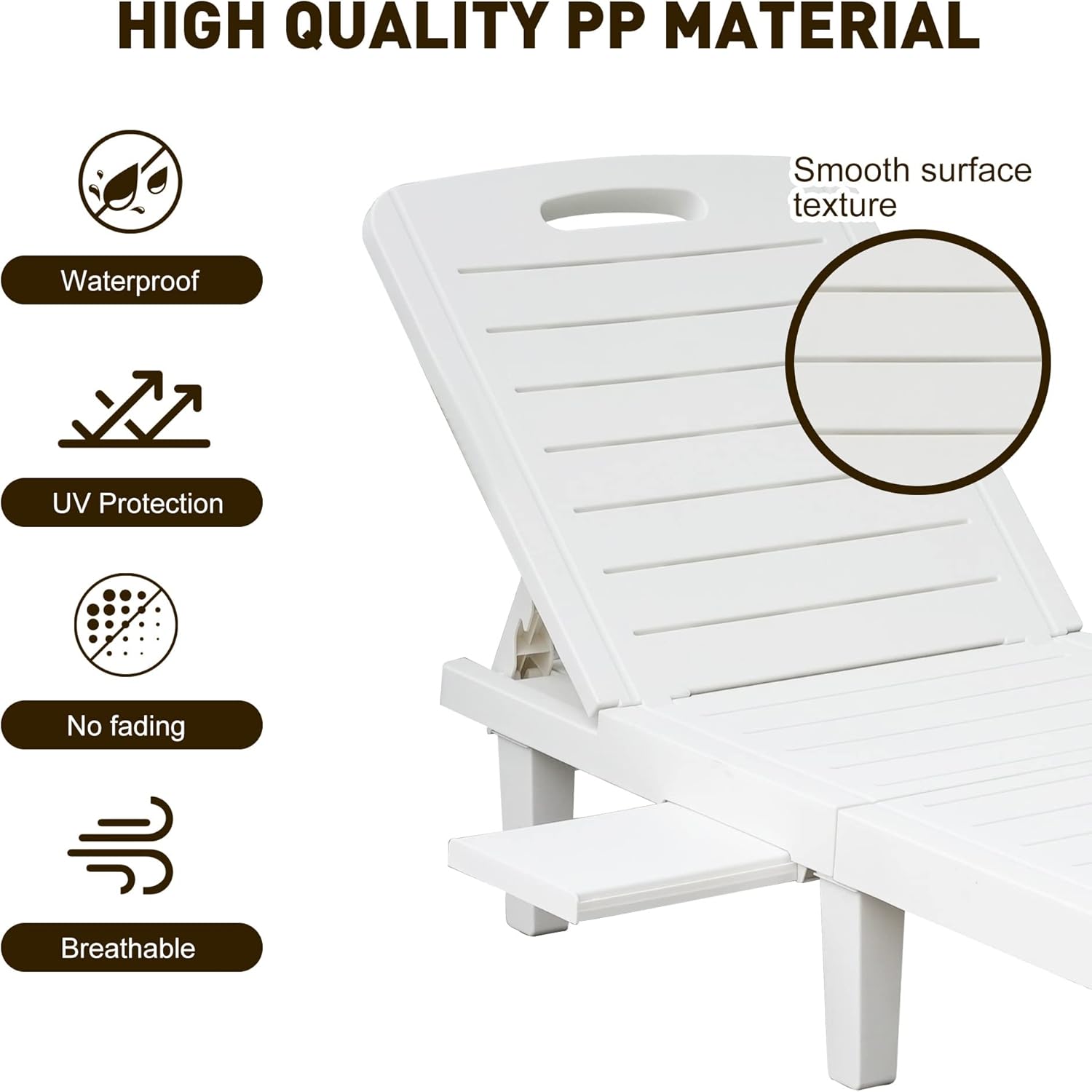 White Patio Lounge Chairs, Outdoor Chaise Lounge with Tray, Adjustable Backrest, Easy Assembly Waterproof Plastic Pool Chaise Lounge, Lightweight for Poolside, Beach, Patio,Yard