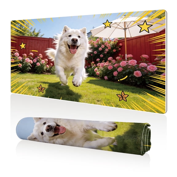 LIVEKEY Mouse Pad 80x40cm Extra Large Non Slip Stitched Durable Easy Clean Running White Dog Garden Roses Stars Butterflies for Gaming Office