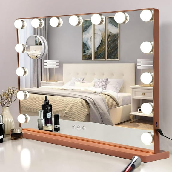 DingLiLighting Hollywood Vanity Makeup Mirror Rose Gold Dressing Table Mirror with LED Bulbs 3 Color Light Temperature USB Charging, Touch Control