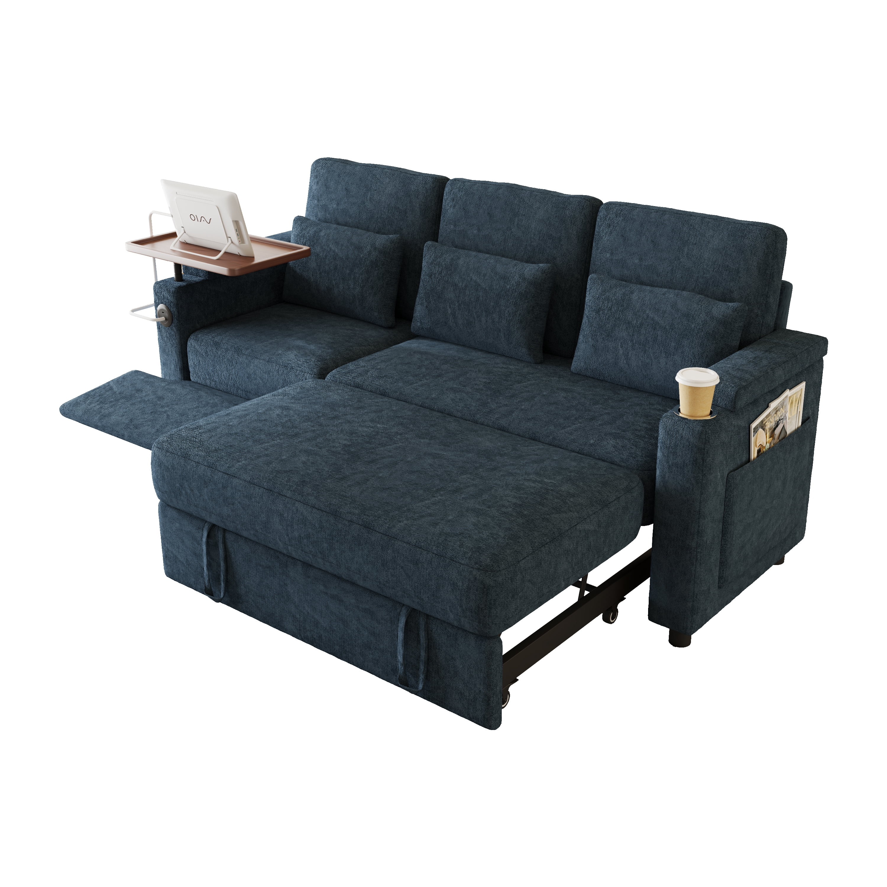 AISWORD 83" 3-in-1 Convertible Pull Out Sofa Bed, 6 Position Adjustable Sleeper Couch with USB Ports, Laptop Table, Cup Holders & Side Storage Pockets, Blue